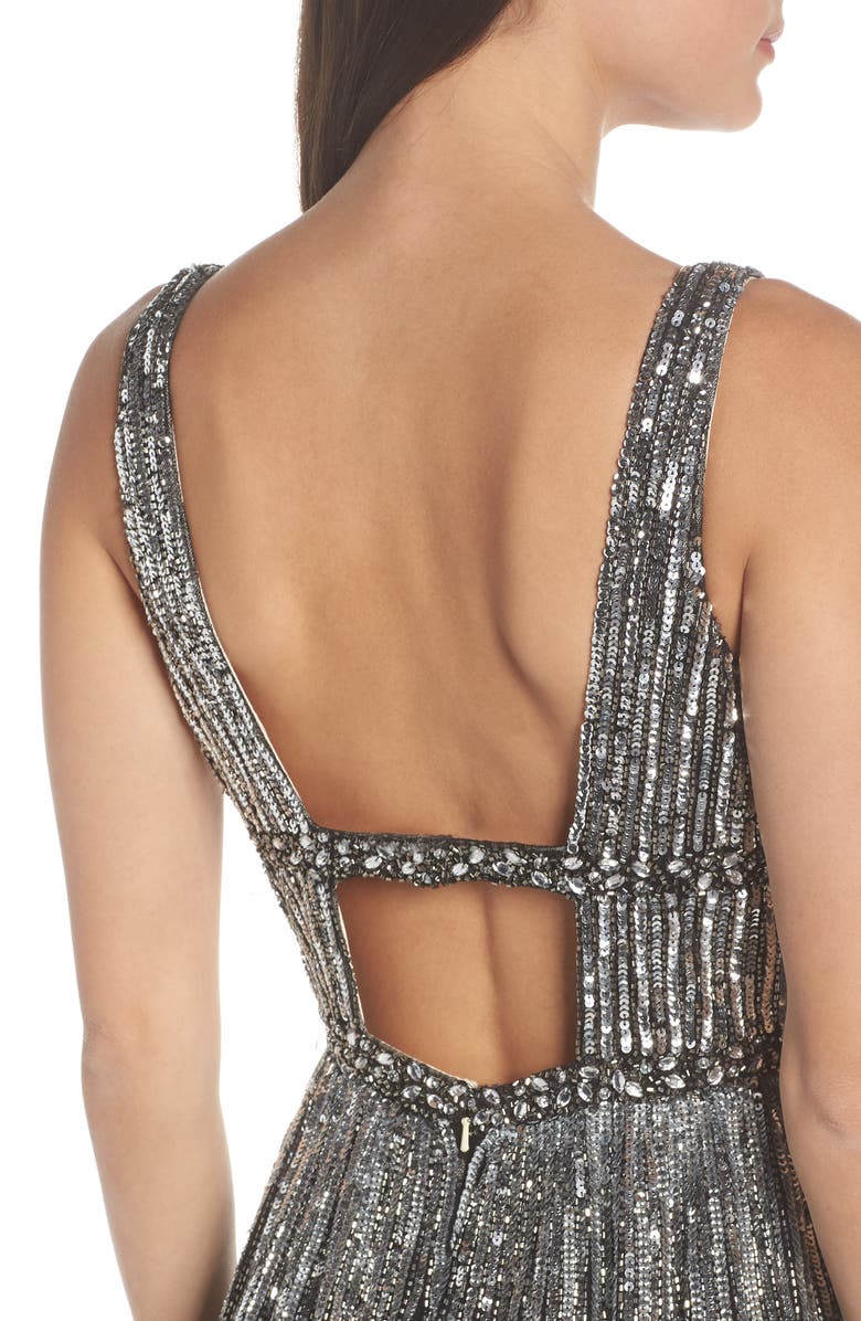 Mac Duggal Plunge Neck Sequin Stripe Gown, Main, color, 