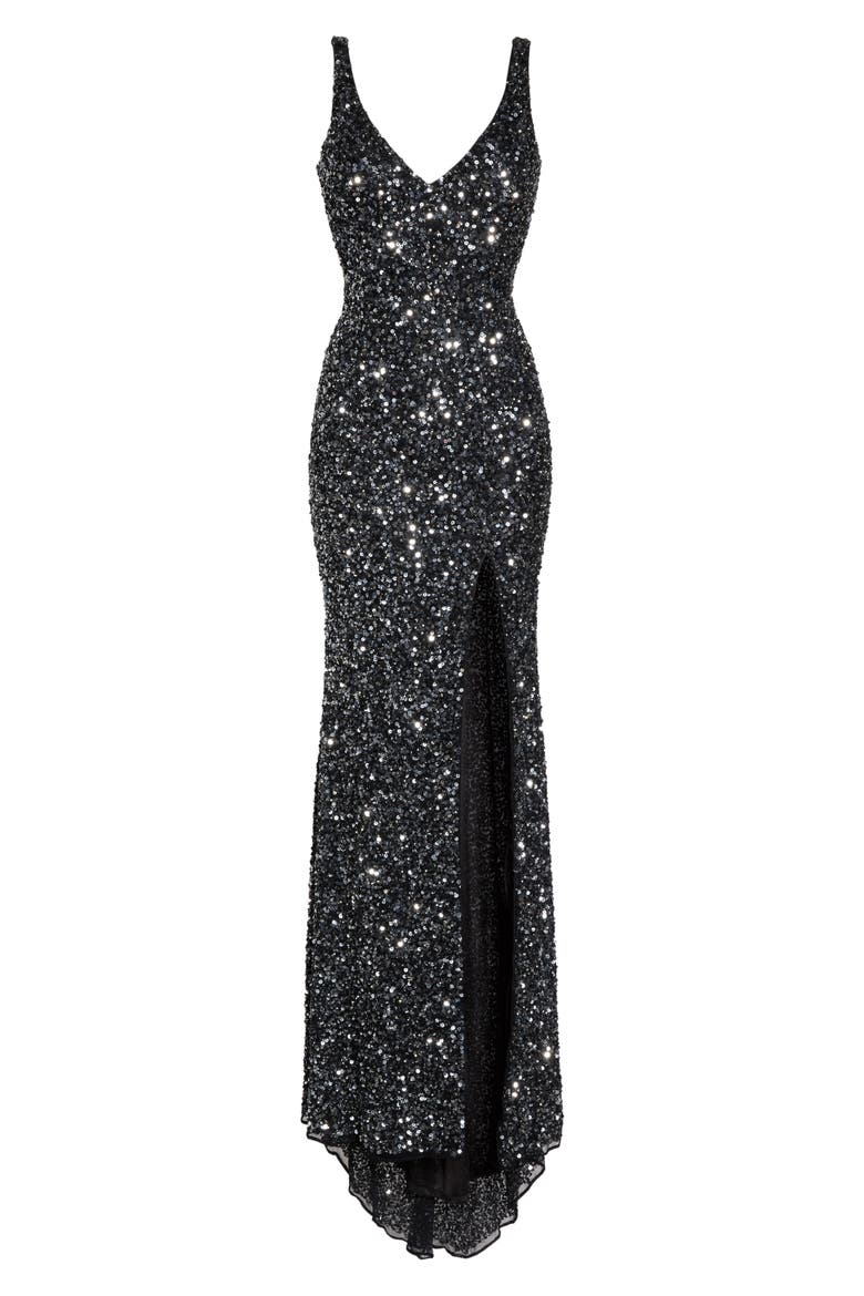 Sequin Slit Gown, Alternate, color, BLACK