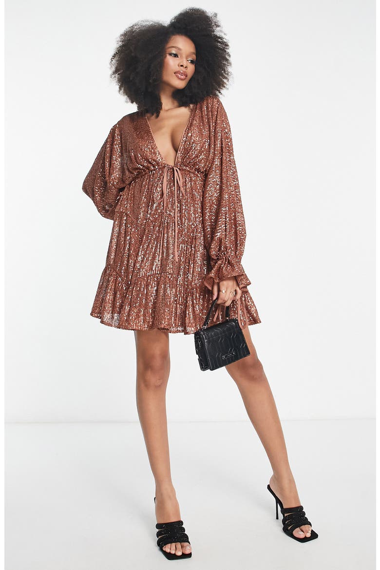 Sequin Long Sleeve Babydoll Minidress, Main, color, GOLD