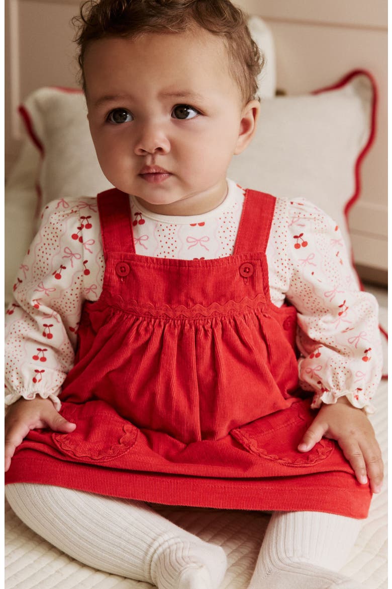 Bow Corduroy Pinafore Dress, Bodysuit & Socks Set, Alternate, color, RED
