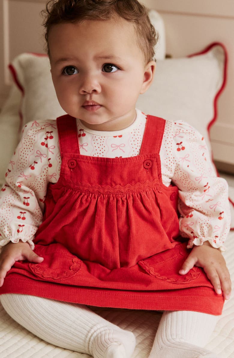 NEXT Bow Corduroy Pinafore Dress, Bodysuit & Socks Set, Alternate, color, Red