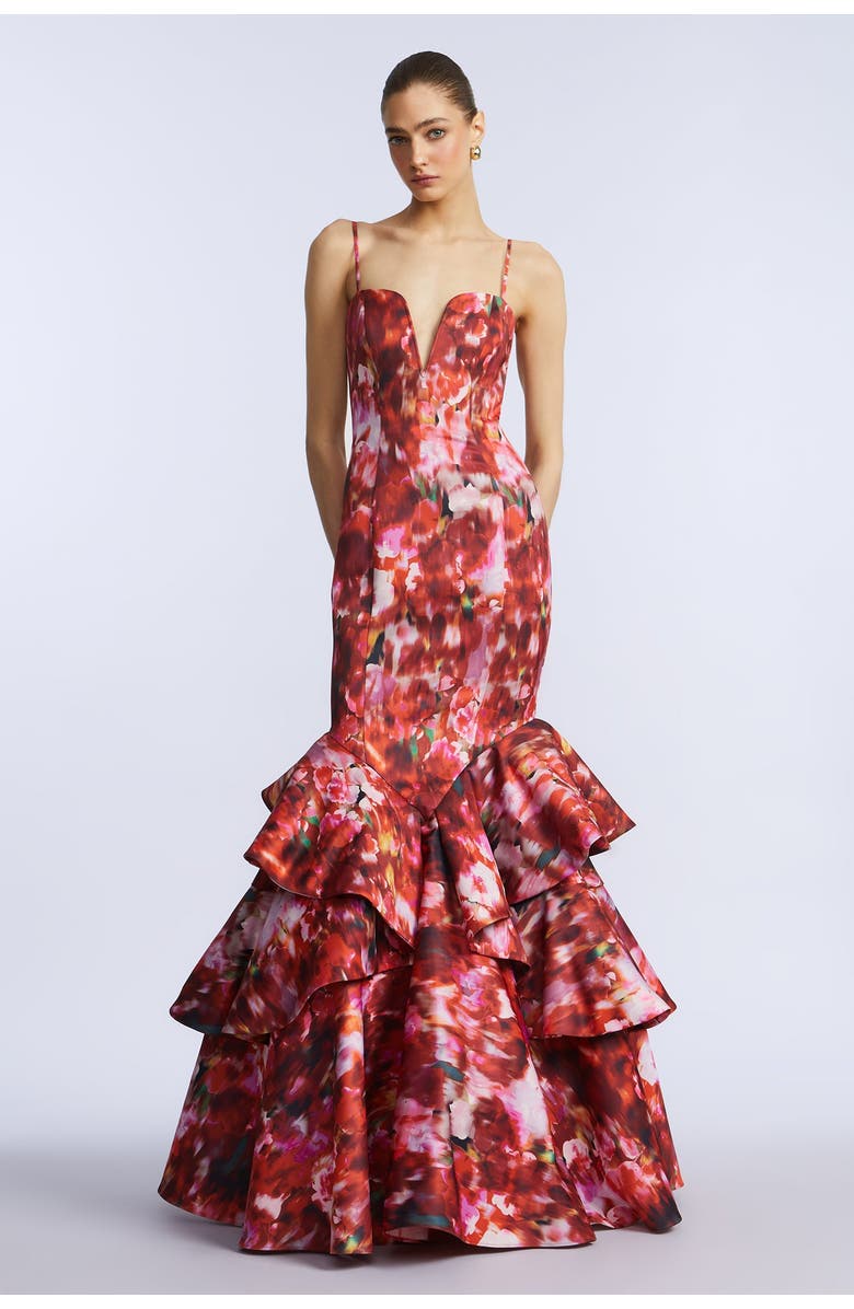 BCBGMAXAZRIA Ruffle Ball Gown, Alternate, color, Washed Rose Chili Pepper Print