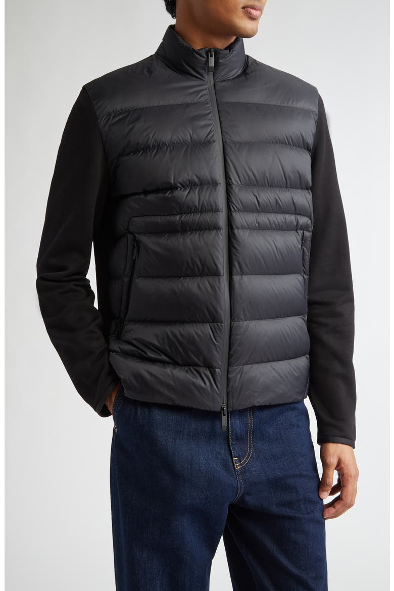 Quilted Down & Cotton Knit Zip Cardigan, Main, color, BLACK