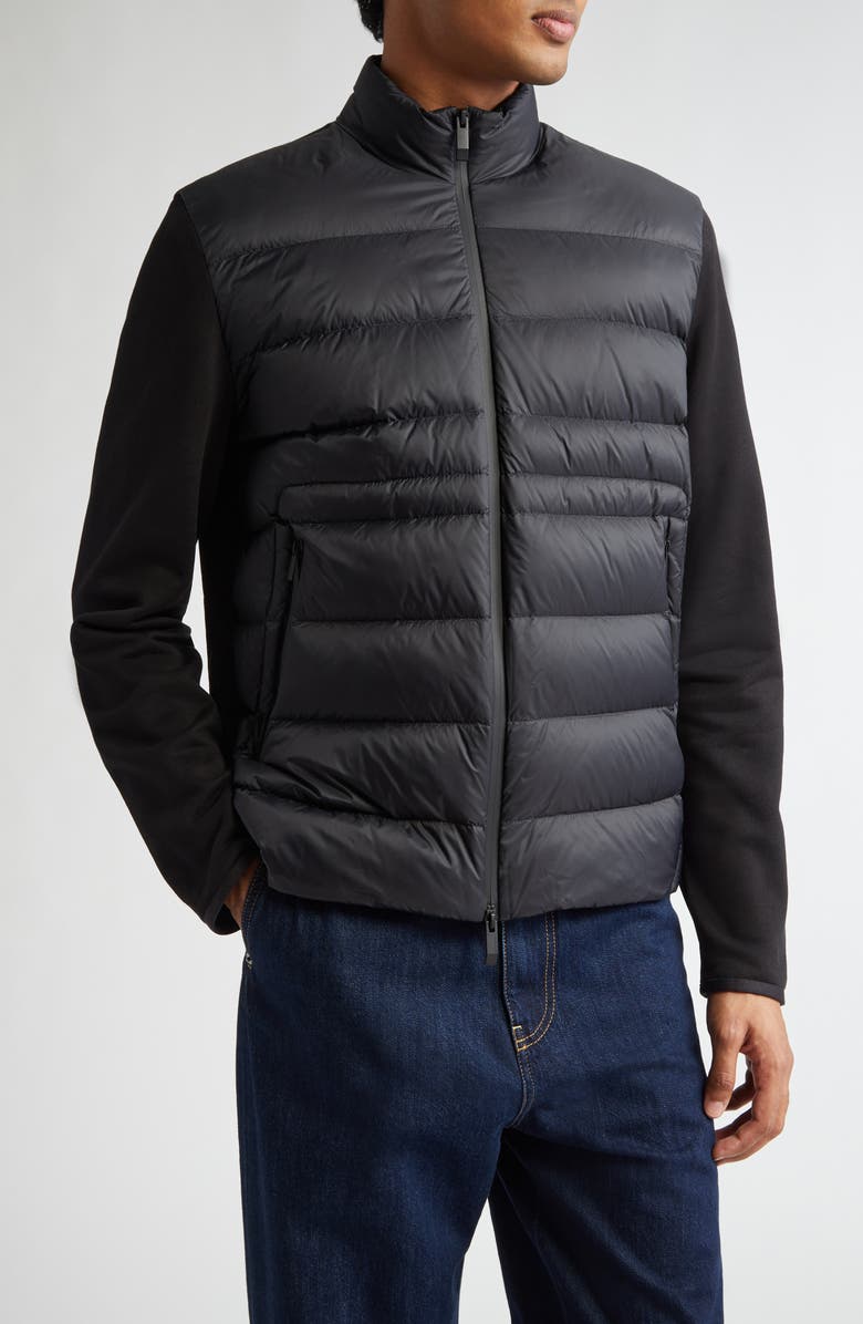 Moncler Quilted Down 
Cotton Knit Zip Cardigan, Main, color, Black