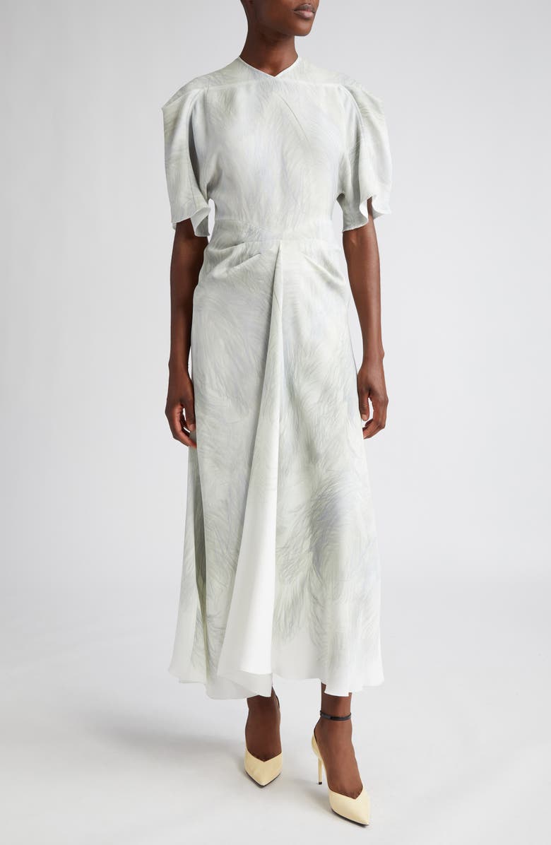 Victoria Beckham Feather Print Drape Sleeve Midi Dress, Main, color,
