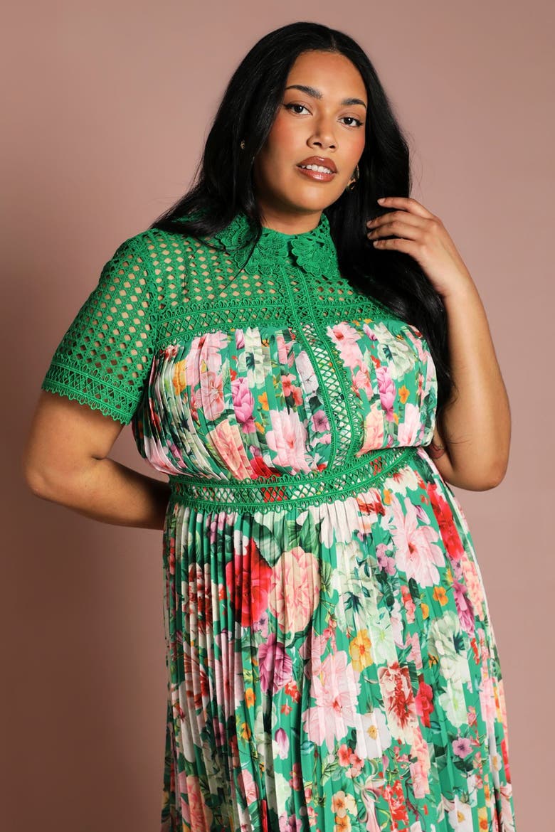 Plus Lace Pleated Floral Midi Dress, Alternate, color, Green