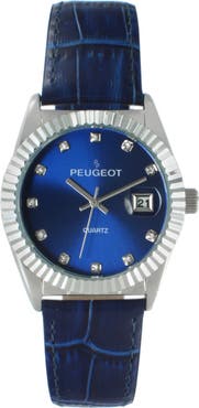 Peugeot Luxury Fluted Bezel Calendar Leather Watch - 36MM