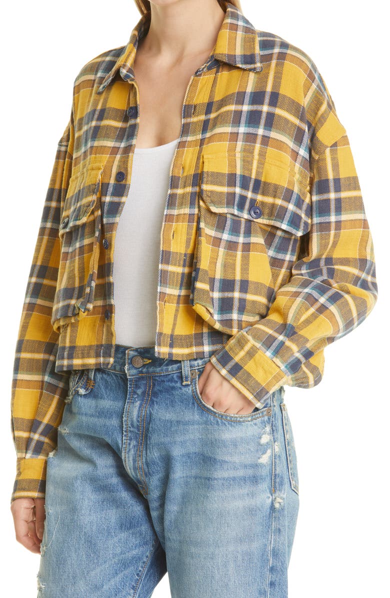 R13 Oversize Plaid Flannel Crop Button-Up Shirt, Alternate, color, 