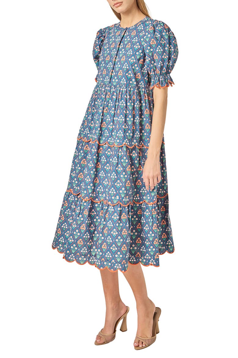 Ditsy Floral Scallop Trim Tiered Midi Dress, Alternate, color, NAVY MULTI