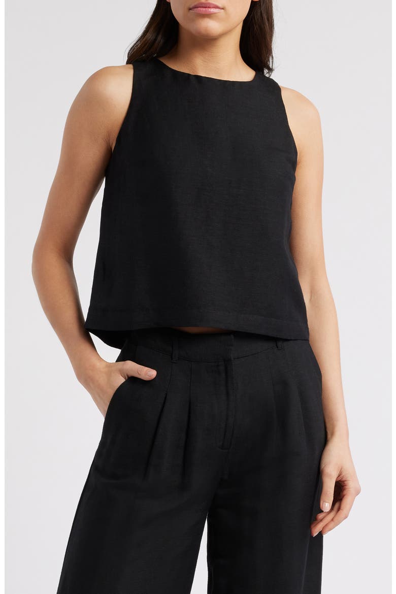 Birdie Tie Back Cutout Linen Blend Tank, Main, color, BLACK