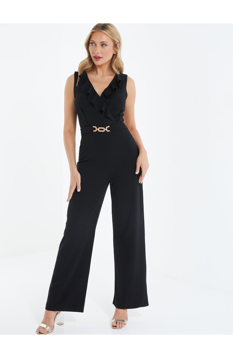QUIZ Buckle Frill Detail Palazzo Jumpsuit, Main, color, Black