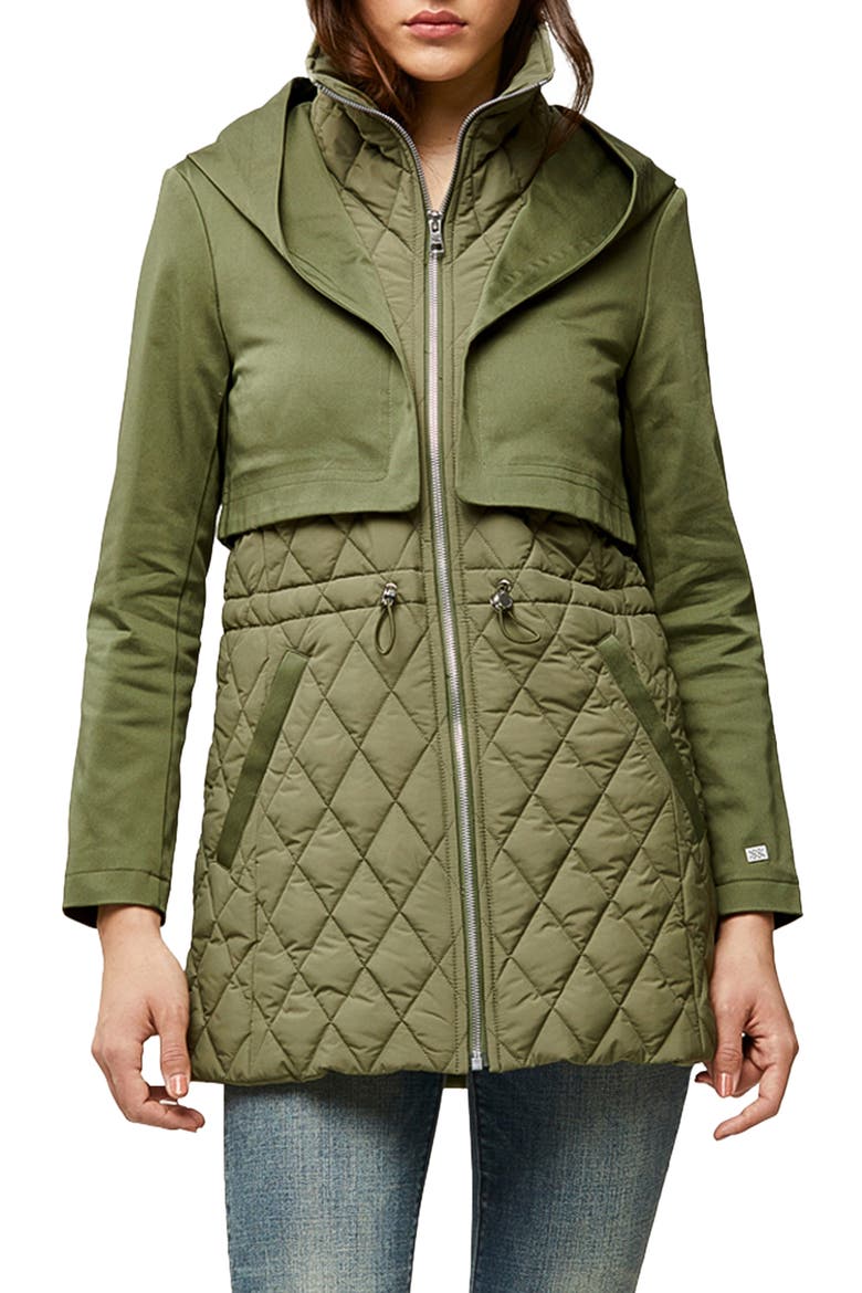Enora Mix Water Repellent Quilted Raincoat, Main, color, GREEN