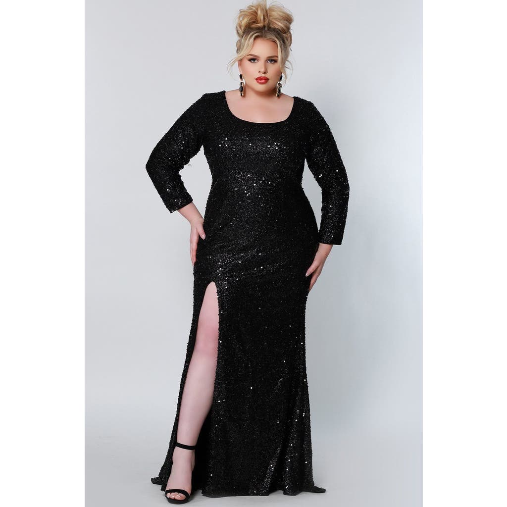 Sydney's Closet Long Sleeve Fitted Scoop Neck Sequin Plus Size Gown In Onyx