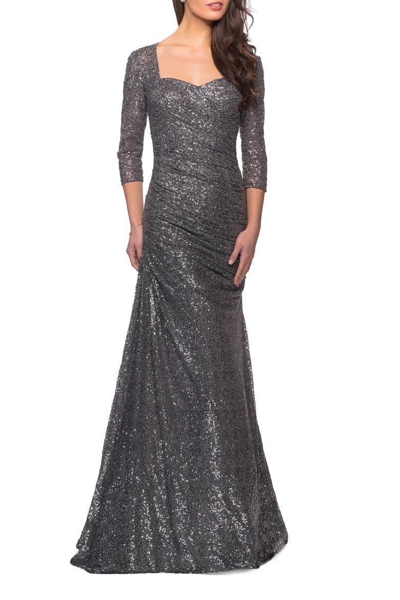 Floor Length Sequin Gown with Ruching and Sleeves, Main, color, Gunmetal