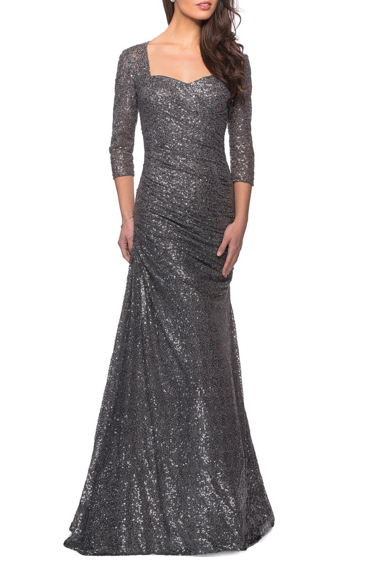 La Femme Floor Length Sequin Gown with Ruching and Sleeves, Main, color, Gunmetal