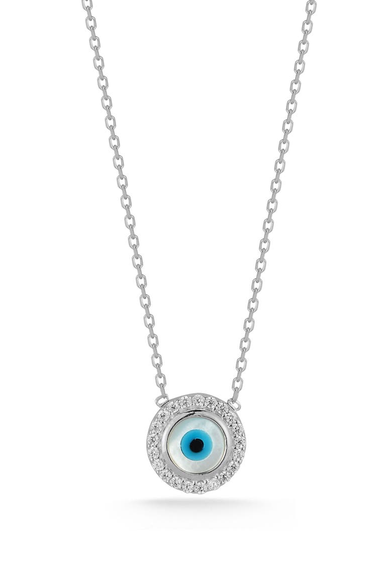 Cubic Zirconia & Mother-of-Pearl Evil Eye Pendant Necklace, Main, color, SILVER