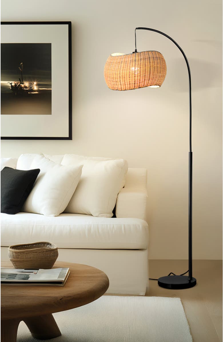 Brightech Wave 81" Pendant LED Unique Arc Floor Lamp with Rattan-Style Wicker Shade, Bulb Included, Alternate, color, Classic Black