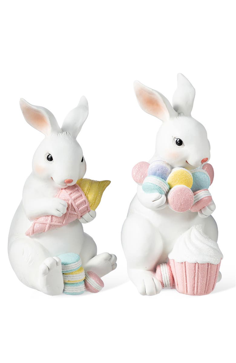 Glitzhome Set of 2 Easter Resin Bunny Holding Macaron Table Decor, Alternate, color, White