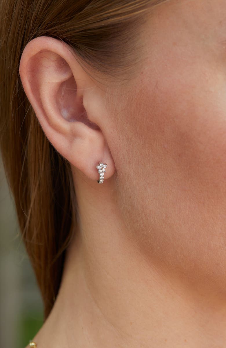 SAVVY CIE JEWELS 18K Gold Plated Sterling Silver Micro Floral Cubic Zironia Huggie Earrings, Alternate, color, White