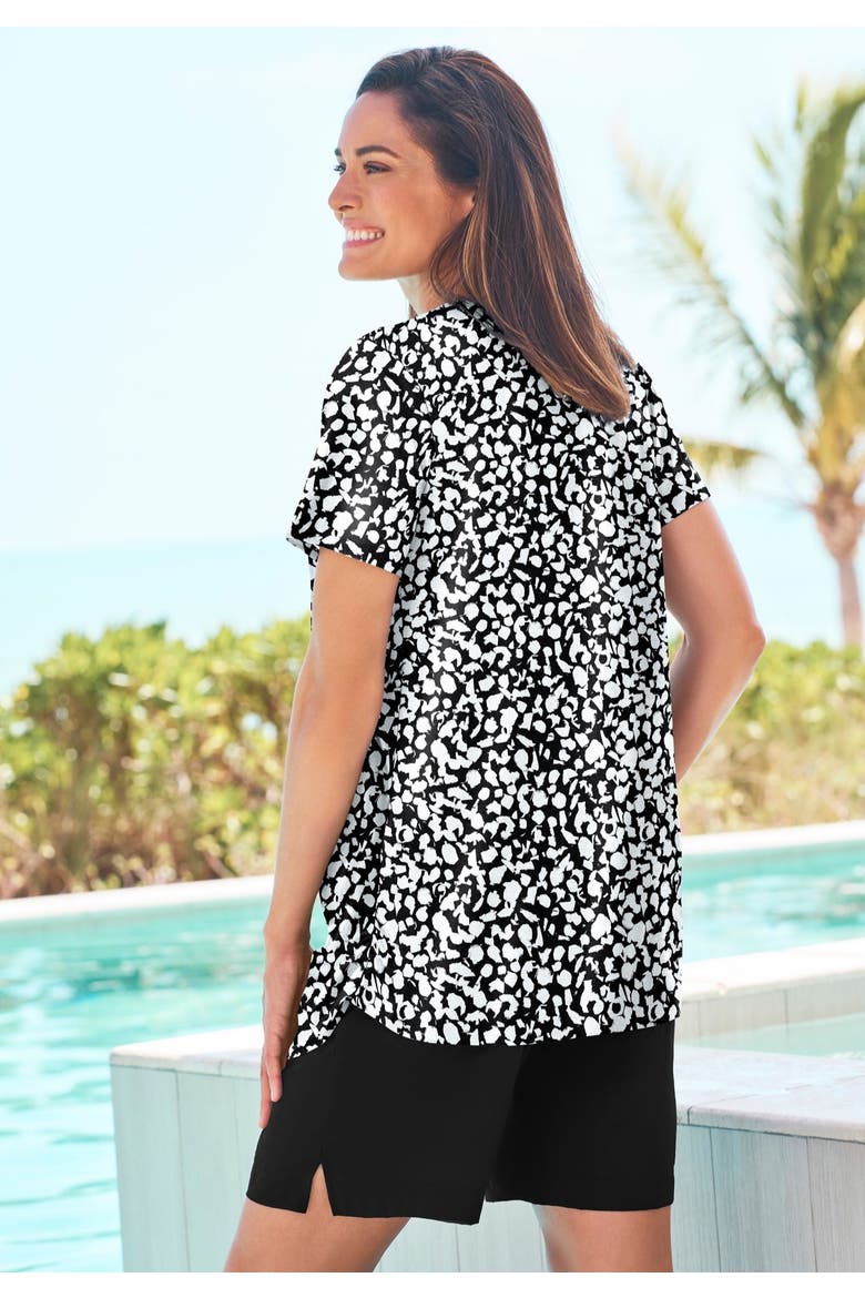 Split Neck Short Sleeve Swim Tee With Built In Bra, Alternate, color, BLACK WHITE ABSTRACT