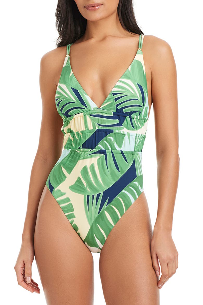 Shirred Cutout One-Piece Swimsuit, Main, color, GREEN MULTI