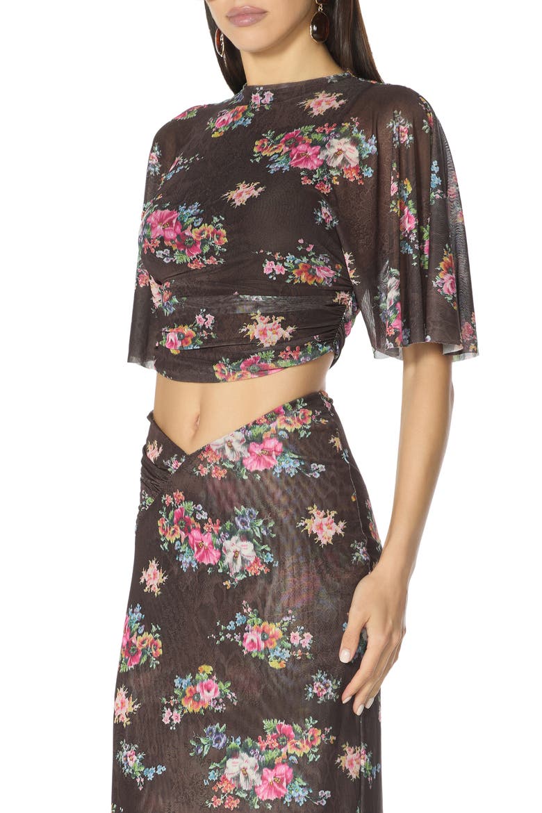 Kailie Ruched Flutter Sleeve Mesh Crop Top, Alternate, color, JAVA SNAKE FLORAL