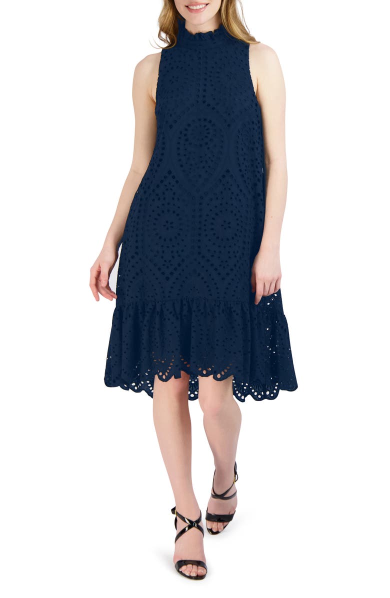 Julia Jordan Sleeveless Eyelet Ruffle Hem Dress, Main, color, 