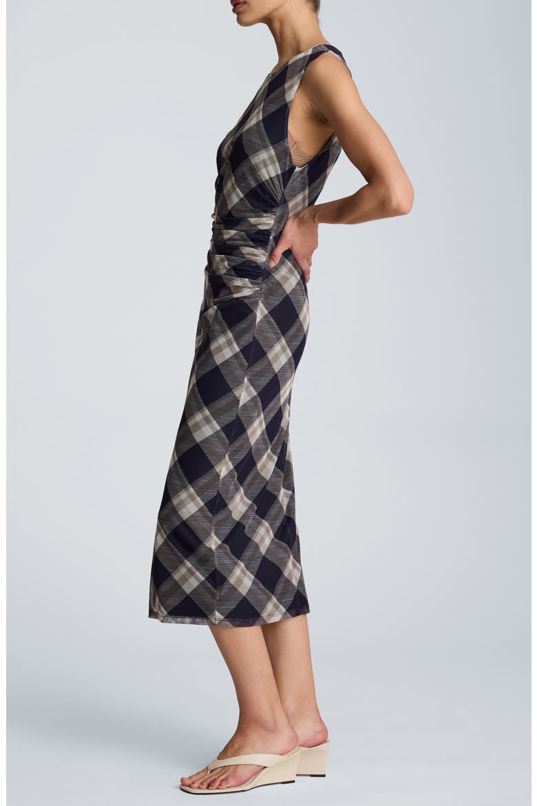 Ruched Plaid Midi Dress, Alternate, color, DARK NAVY MULTI