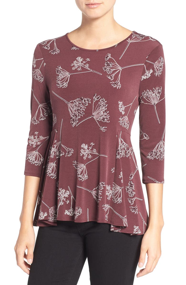 CeCe 'Refined Dandelion' Print Three Quarter Sleeve Swing Top, Main, color, 