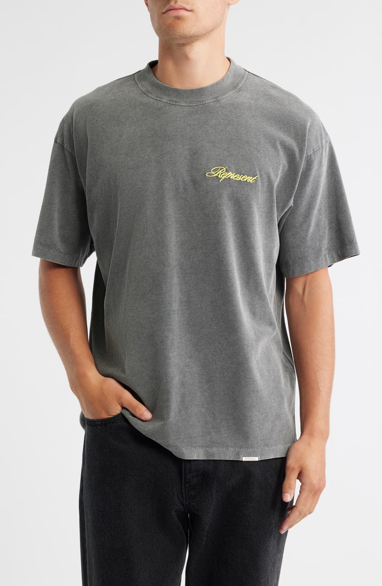 Represent Oversize Embroidered Script Logo T-Shirt, Main, color, After Dark
