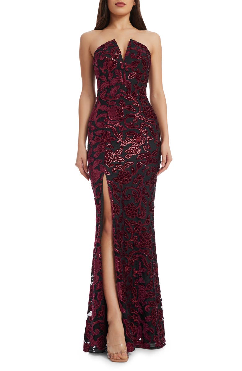 Dress the Population Fernanda Floral Sequin Strapless Evening Gown, Main, color, Burgundy-Black