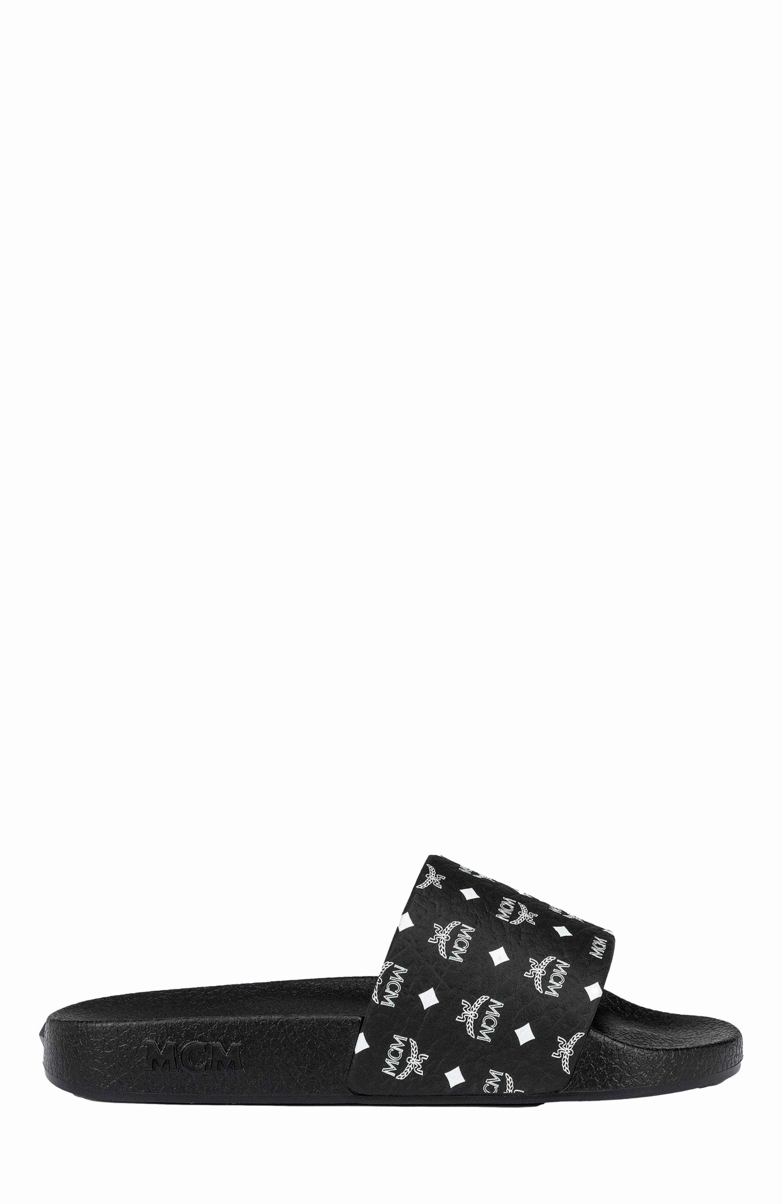 MCM Men's Monogram Print Rubber Slides, Alternate, color, Black