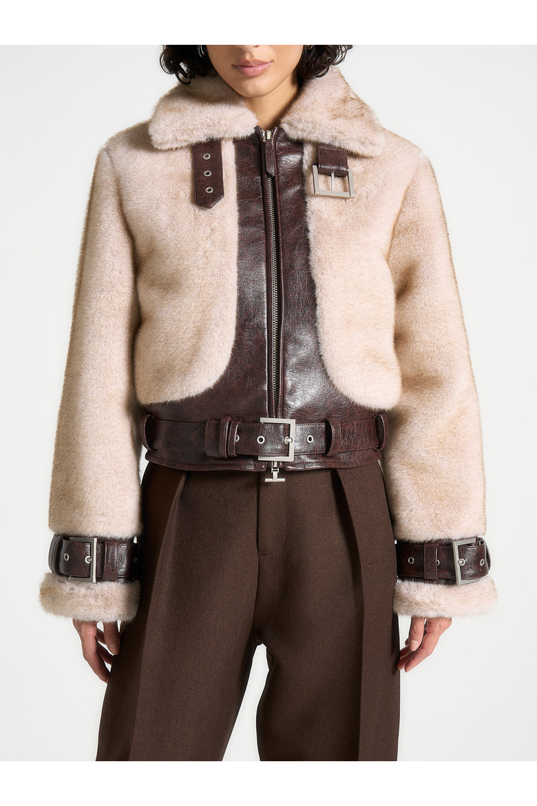 Deya Plush & Leather Leather Belted Jacket, Alternate, color, Beige/Brown