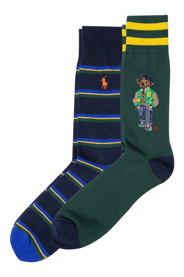 Assorted 2-Pack American Heritage Bear & Stripe Dress Socks, Main, color, GREEN