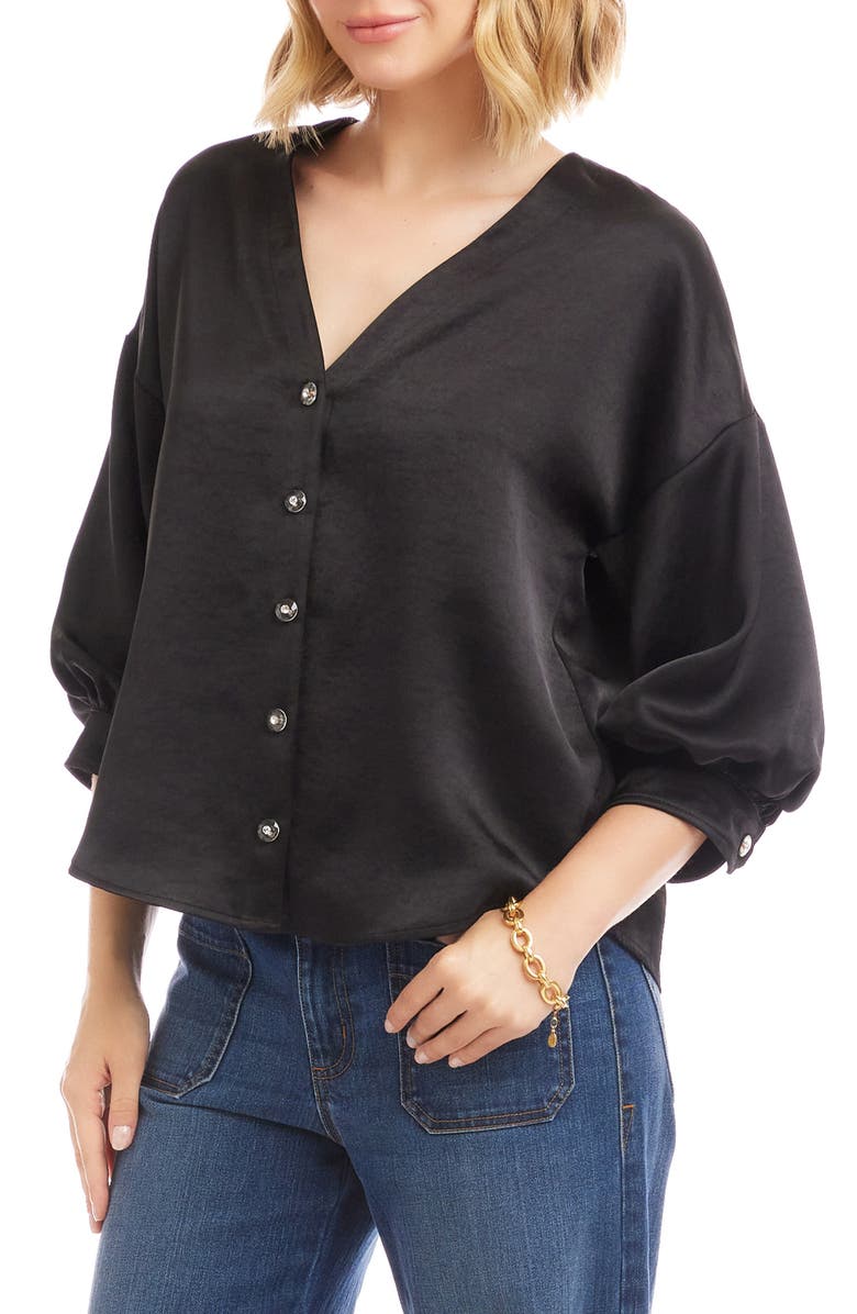 Karen Kane Satin Lantern Sleeve Button-Up Shirt, Alternate, color, Black