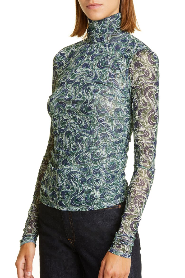 Shirred Long Sleeve Mesh Turtleneck Top, Alternate, color, DARK EMERALD MULTI