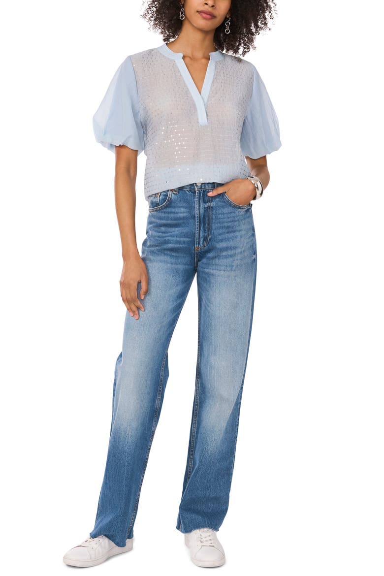 Sequin Stripe Puff Sleeve Top, Alternate, color, LAKE BREEZE