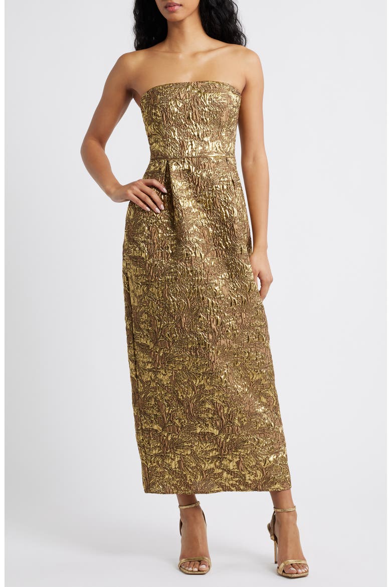 Kya Metallic Brocade Strapless Cocktail Dress, Main, color, GOLD