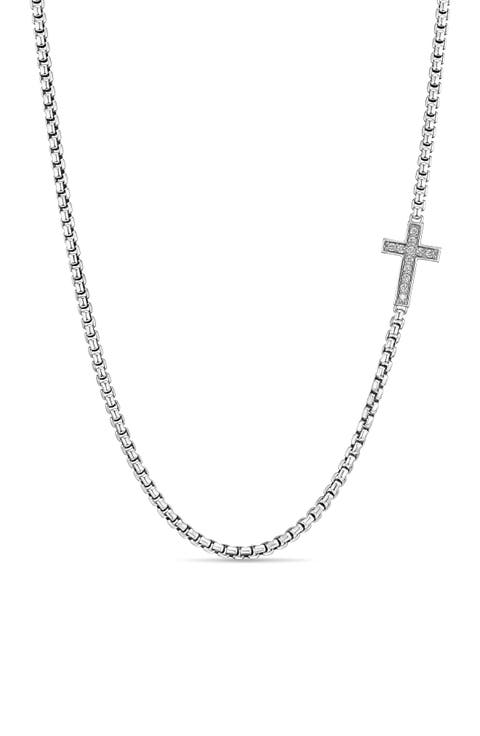 Cross Station Necklace in Sterling Silver with Diamonds, 5mm