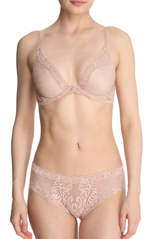 Natori Feathers Contour Plunge Bra In Rose Beige Lace/pink Pearl