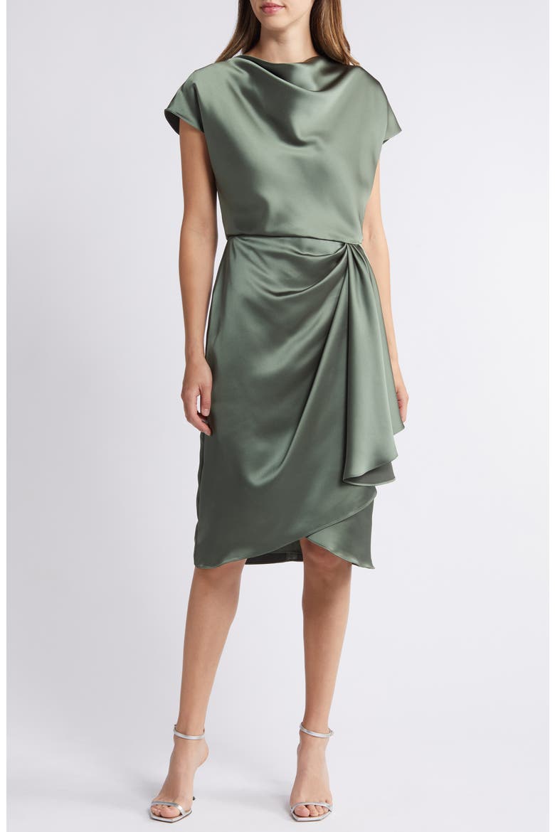 Cowl Neck Satin Sheath Dress, Main, color, OLIVE