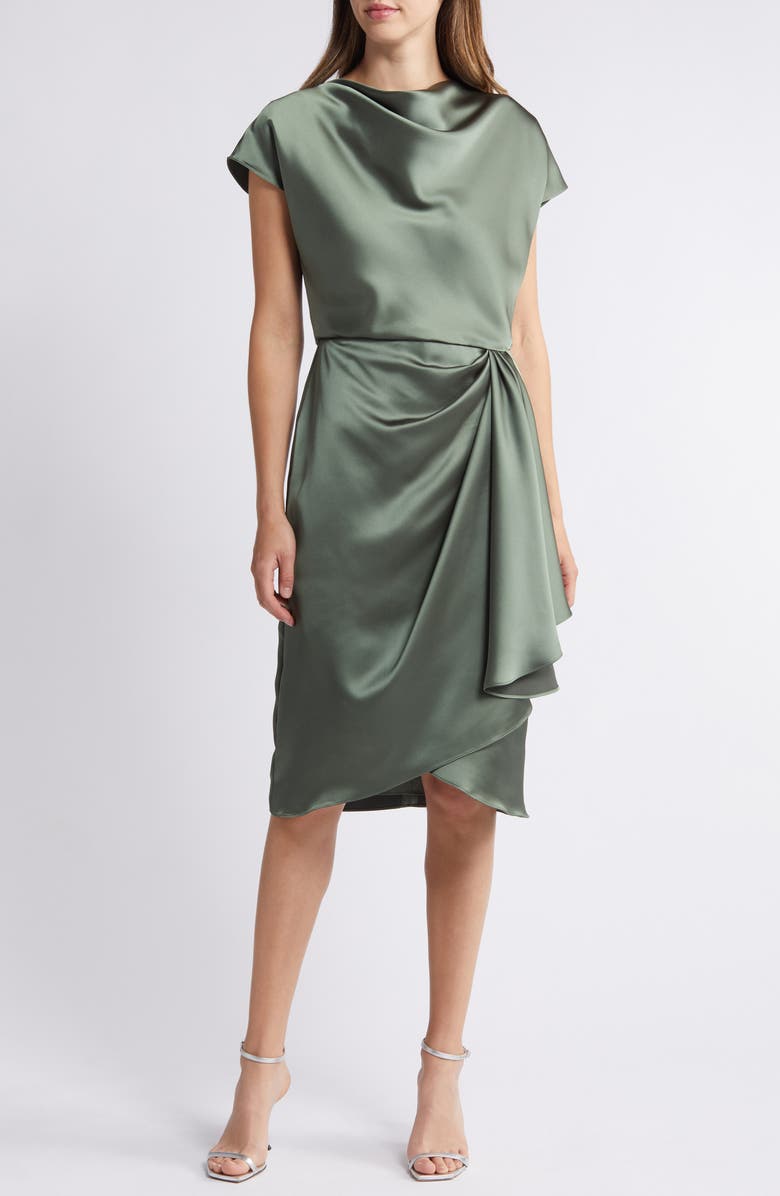 Amsale Cowl Neck Satin Sheath Dress, Main, color, Olive