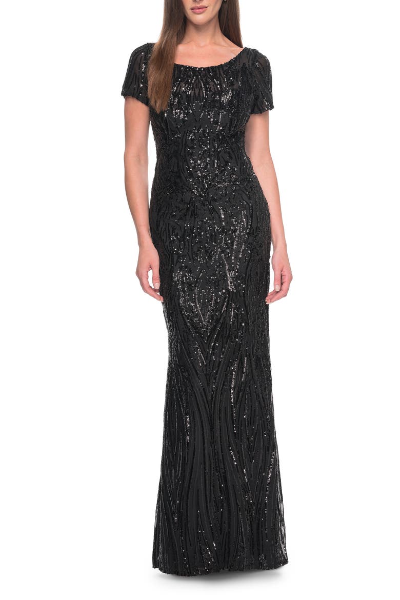 Short Sleeve Print Sequin Evening Dress, Main, color, Black