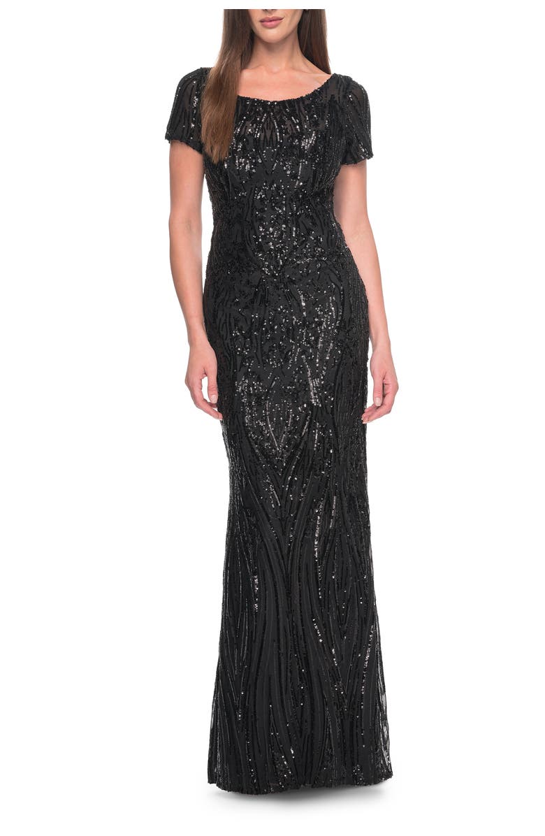 La Femme Short Sleeve Print Sequin Evening Dress, Main, color, Black