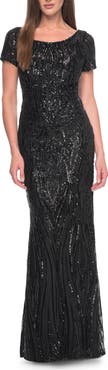 La Femme Short Sleeve Print Sequin Evening Dress