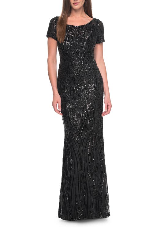 La Femme Short Sleeve Print Sequin Evening Dress In Black