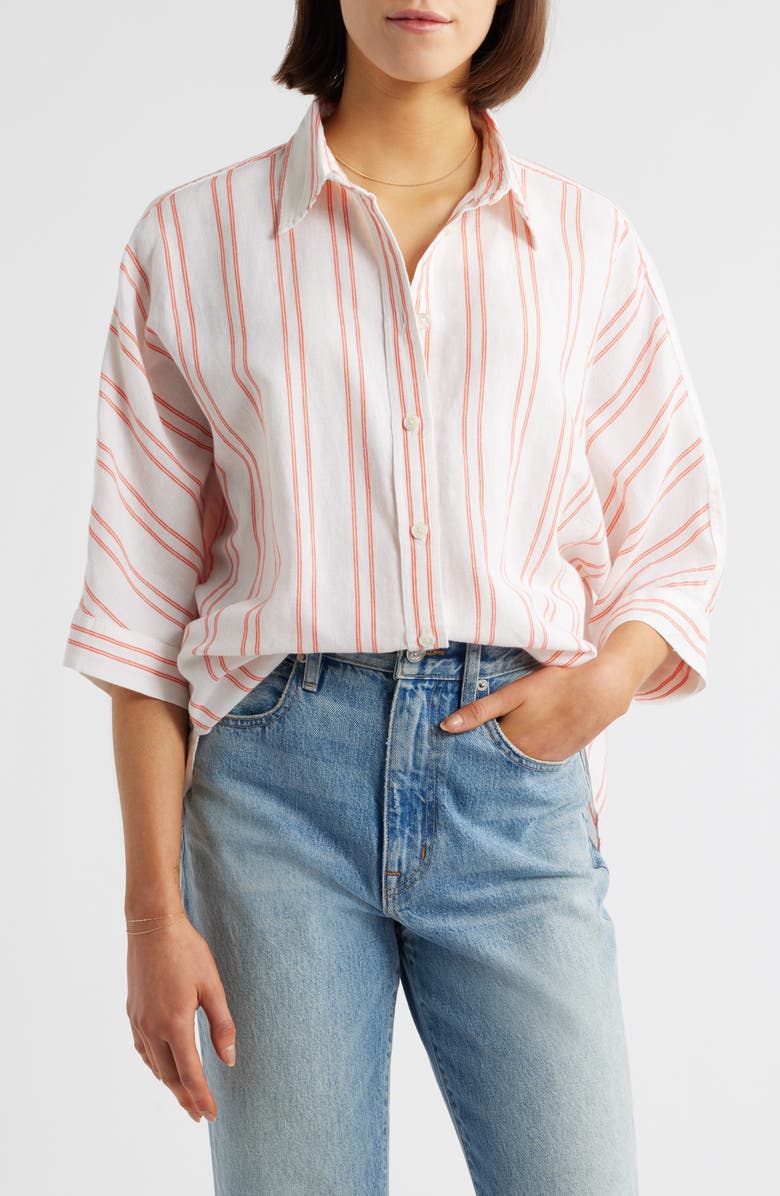 Madewell Stripe Pleat Sleeve Oversize Linen & Cotton Button-Up Shirt, Main, color, Bright Flame