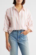 Madewell Stripe Pleat Sleeve Oversize Linen & Cotton Button-Up Shirt