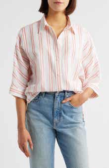 Madewell Stripe Pleat Sleeve Oversize Linen & Cotton Button-Up Shirt