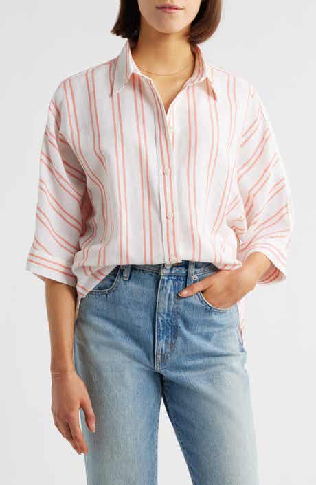 Madewell Stripe Pleat Sleeve Oversize Linen & Cotton Button-Up Shirt